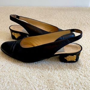 Black Leather Slingback Pumps w/Decorative Low Block Heels - EUC